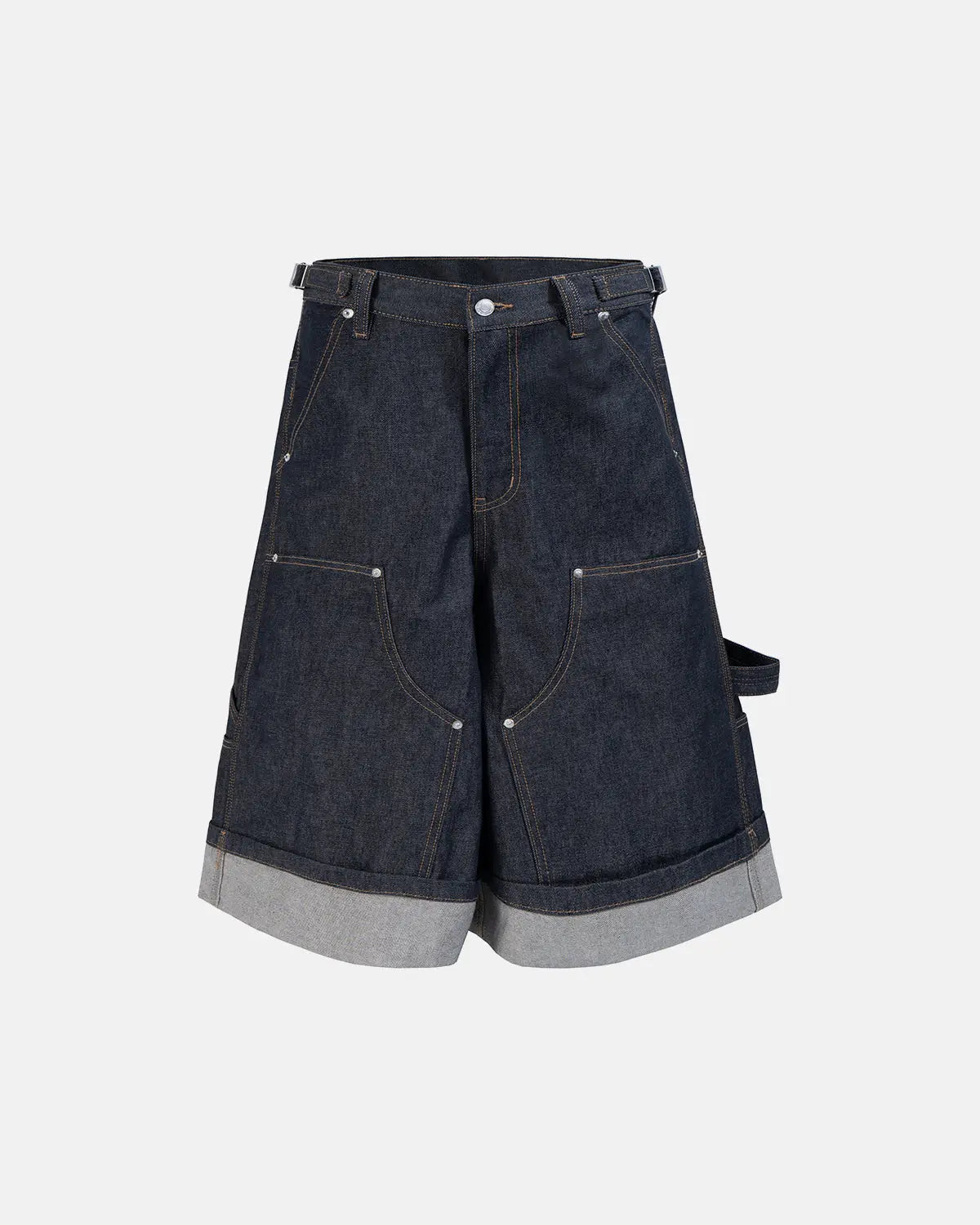 Raw denim carpenter long jorts by INFLATION, durable denim pants with utility pockets and a relaxed fit, styled for streetwear fashion.