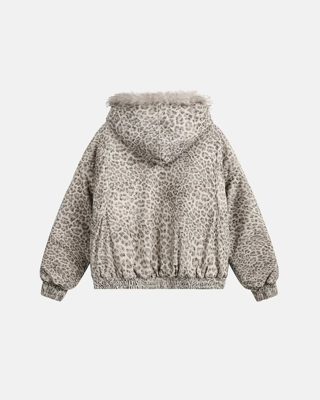 Leopard faux fur lined bomber jacket by INFLATION featuring a stylish leopard print and cozy fur trim, perfect for streetwear fashion.
