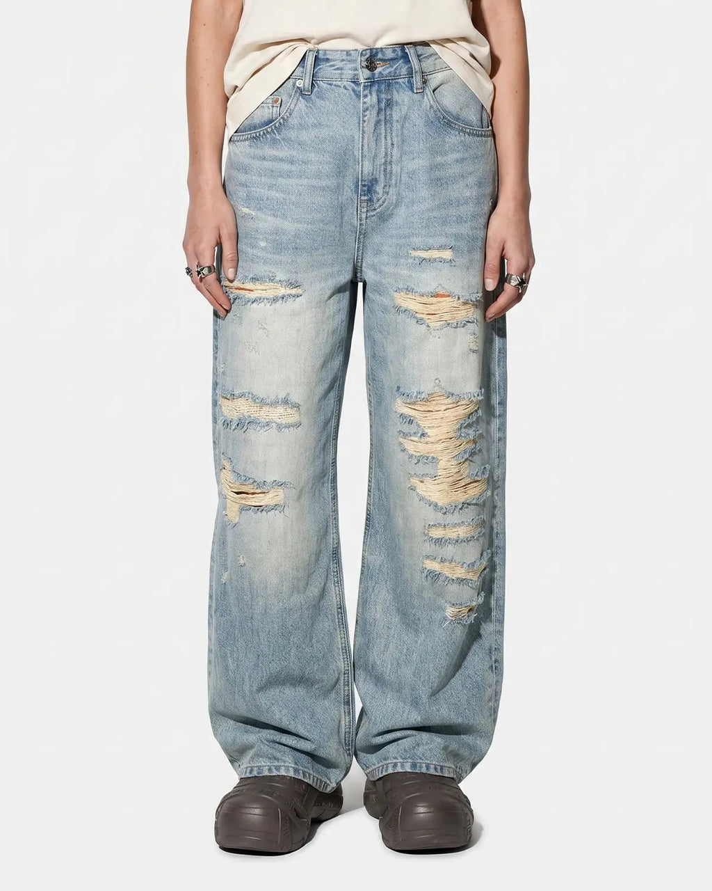 Distressed ripped straight-leg jeans by INFLATION, casual streetwear pants with ripped details and a relaxed fit.