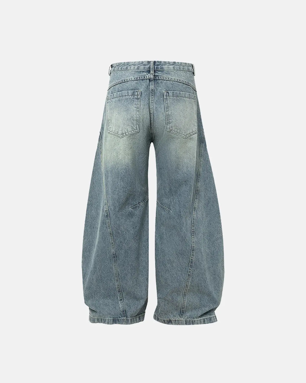 Acid washed distressed barrel jeans by INFLATION, featuring a relaxed fit, faded denim, and stylish ripped details.