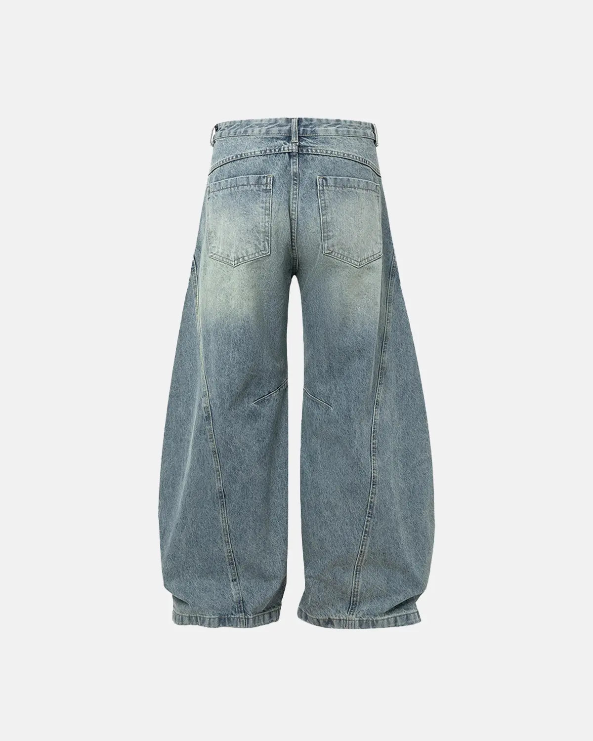 Acid washed distressed barrel jeans by INFLATION, featuring a relaxed fit, faded denim, and stylish ripped details.