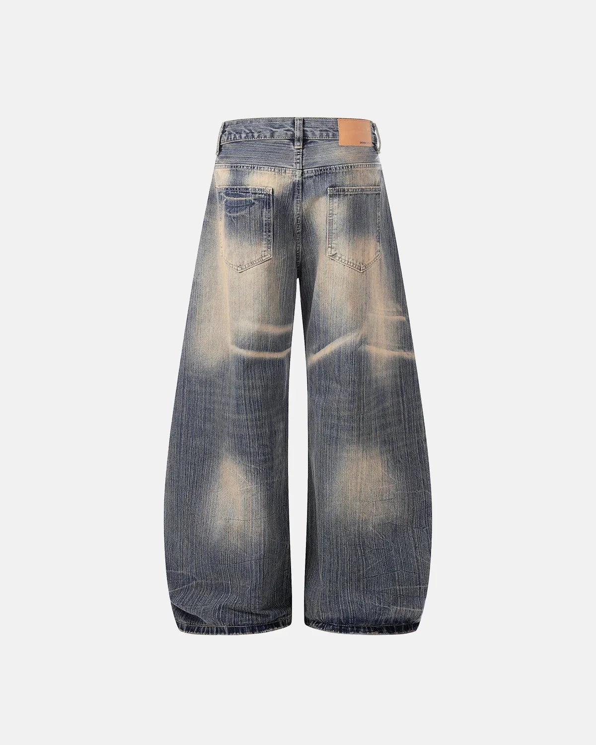 Inflation Bamboo Weave Dirty Wash Barrel Jeans showing distressed denim texture and relaxed fit, styled with casual streetwear look.