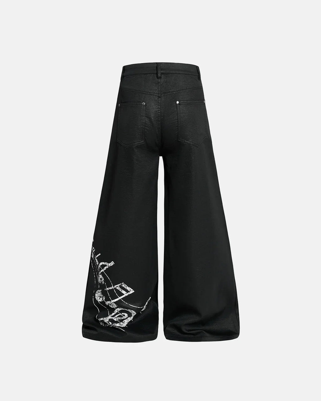 Black graphic wide leg pants by INFLATION featuring bold graphic designs and a relaxed fit, made for streetwear fashion.