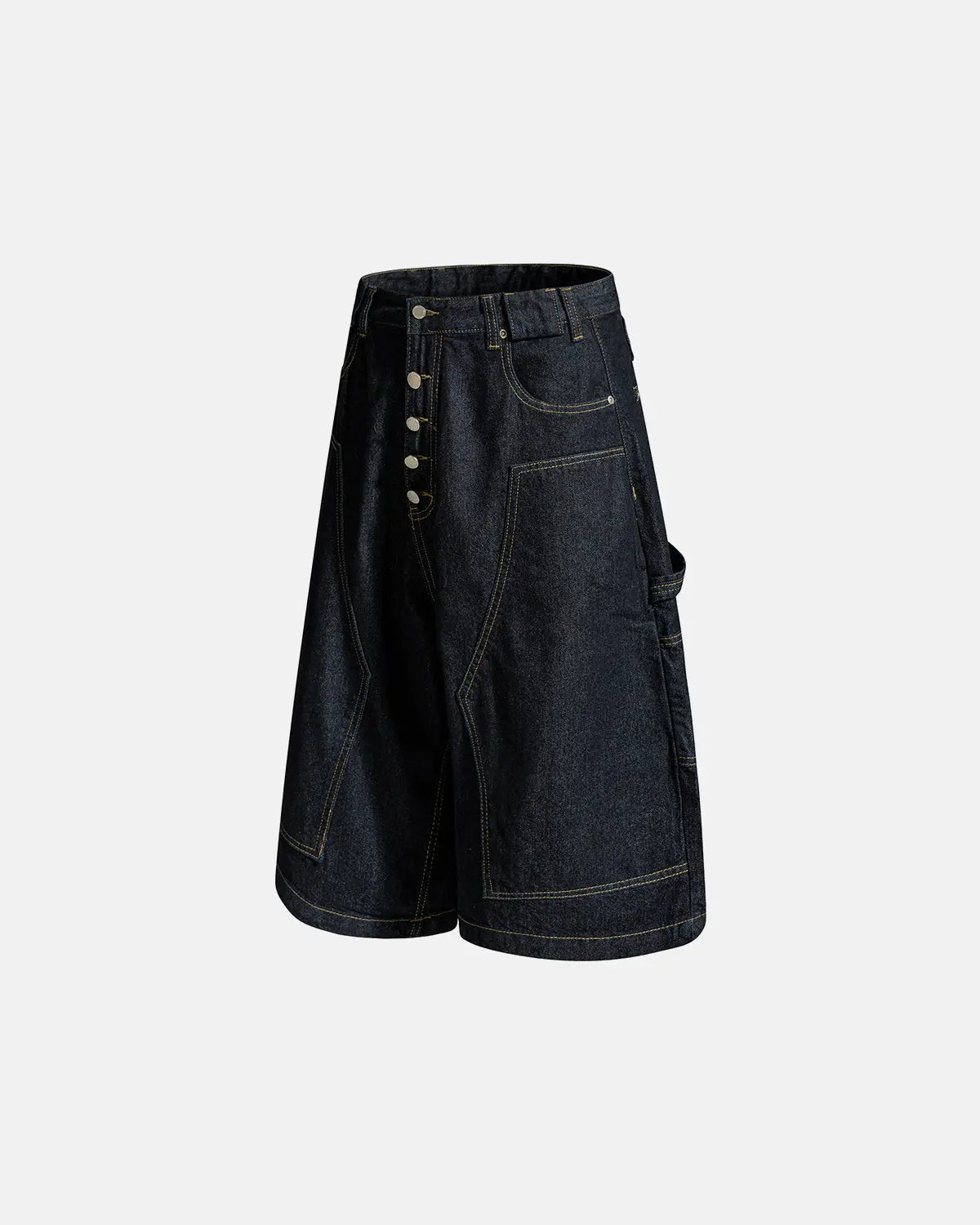 Deconstructed wide-leg longline jorts by INFLATION Streetwear featuring distressed denim and oversized fit, laid flat.