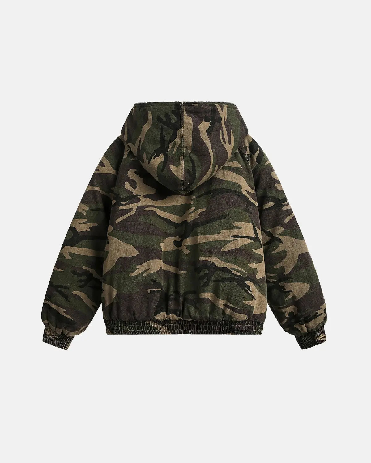 Camo faux fur-lined bomber jacket by INFLATION, featuring a camouflage pattern and plush fur collar, on a hanger.