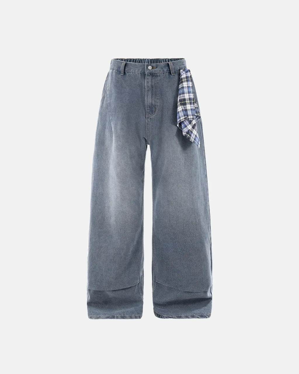 Acid wash detachable bandana baggy jeans by Flation featuring relaxed fit, distressed denim, and removable bandana accents.