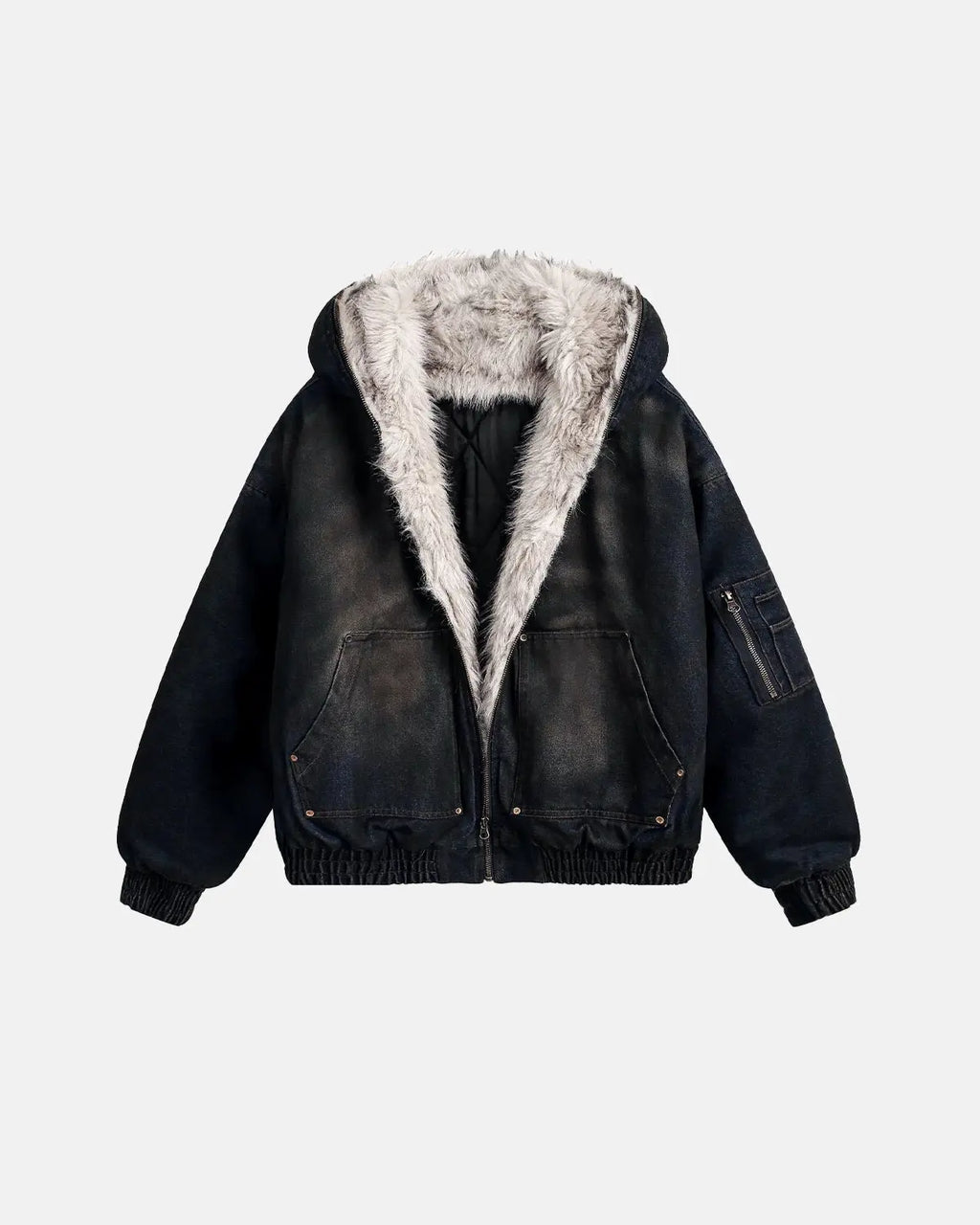 Faux fur lined acid wash bomber jacket from INFLATION streetwear, showing the textured fabric and cozy fur collar.