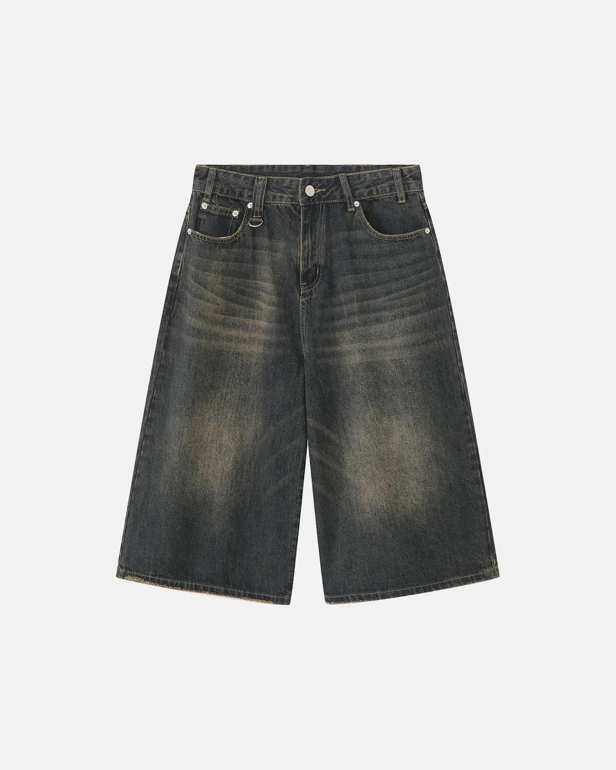 Washed baggy denim jorts by INFLATION, featuring distressed details and a relaxed fit, styled as streetwear casual shorts.