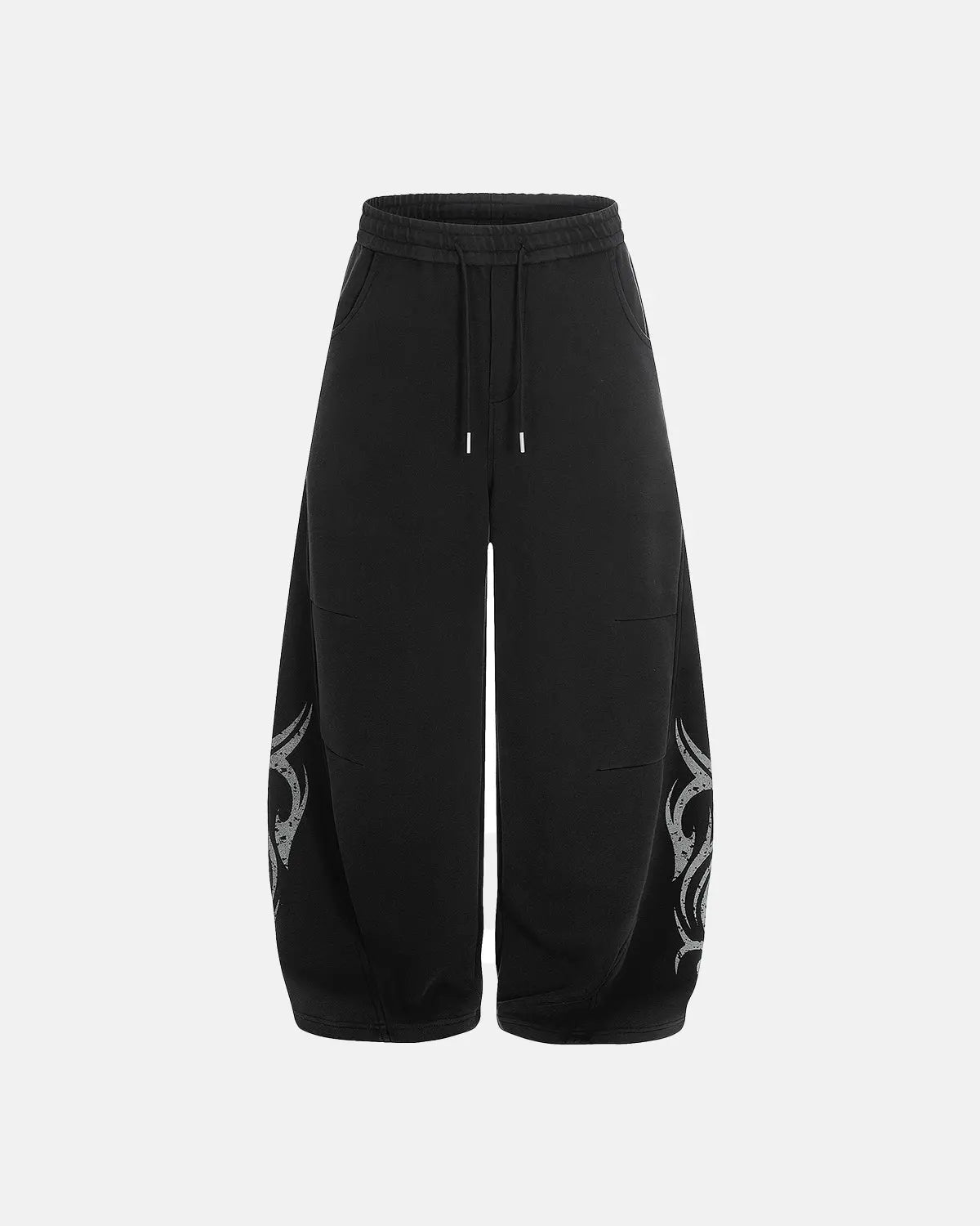 Washed distressed barrel sweatpants by INFLATION featuring a relaxed fit and rugged, worn-in style for streetwear fashion.