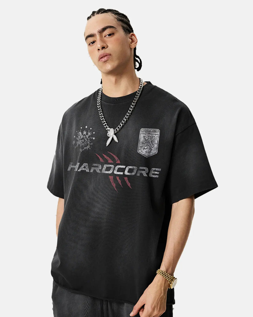 Distressed washed graphic T-shirt by INFLATION featuring a casual streetwear style with faded print and worn-in fabric.