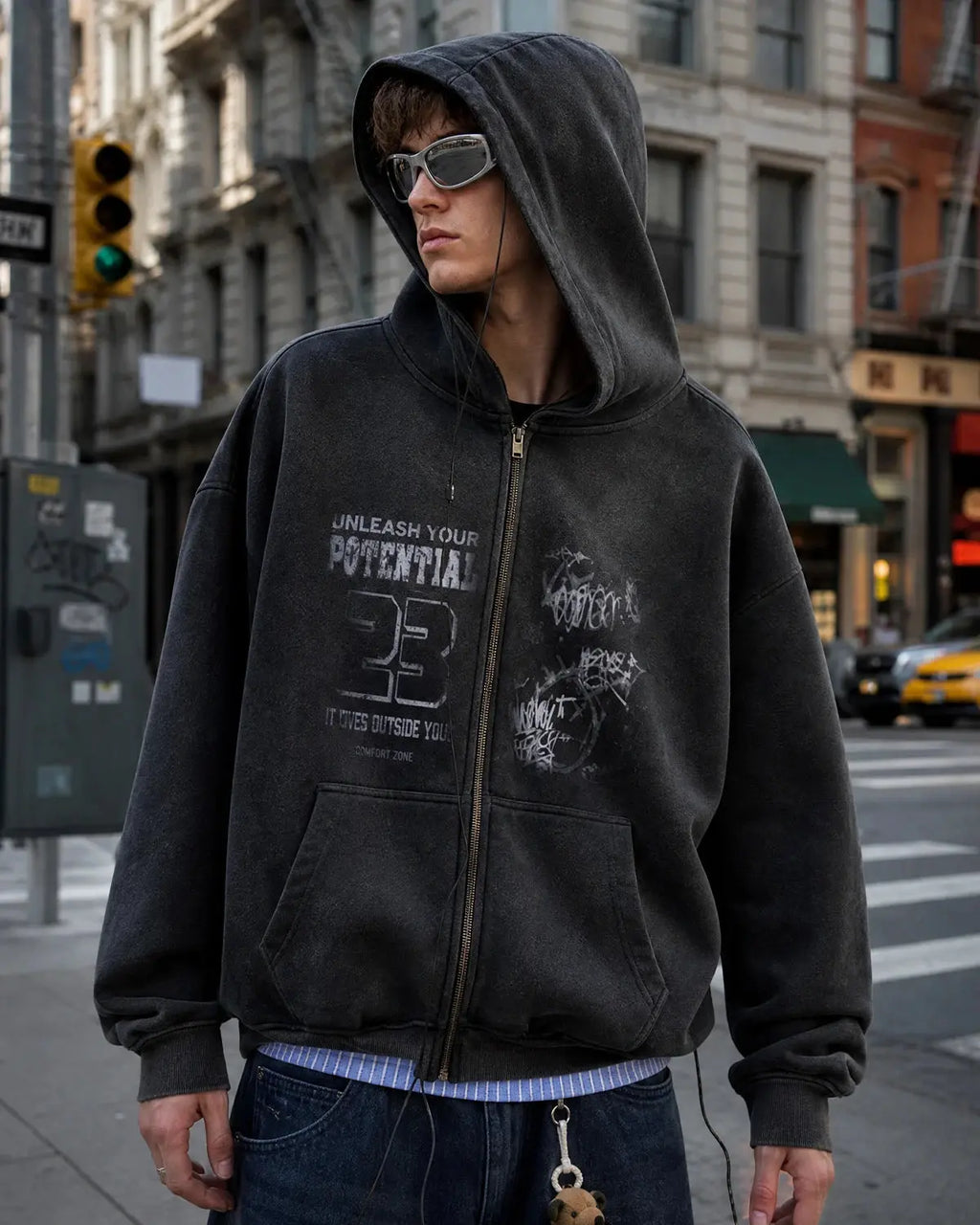 Graphic Washed Zip Up Hoodie by Flation Streetwear, featuring a casual fit and stylish washed design in a front view.