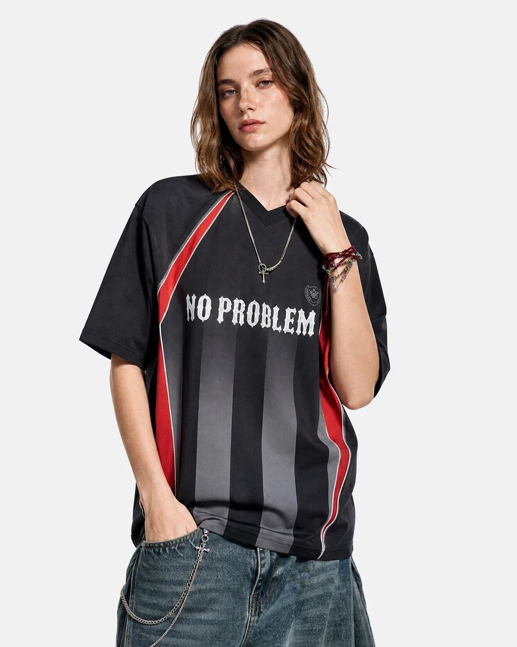 Color block letter graphic jersey tee by Flation, featuring bold color blocks and streetwear-inspired design.