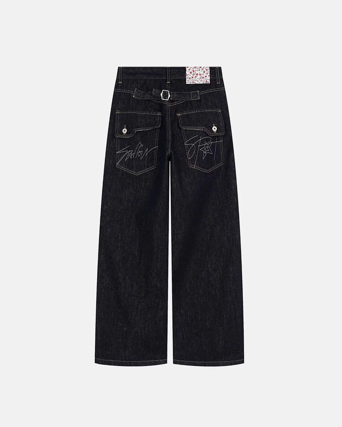 Inflation selvedge buckle baggy jeans with distressed details and oversized fit, showcasing streetwear style and high-quality denim.