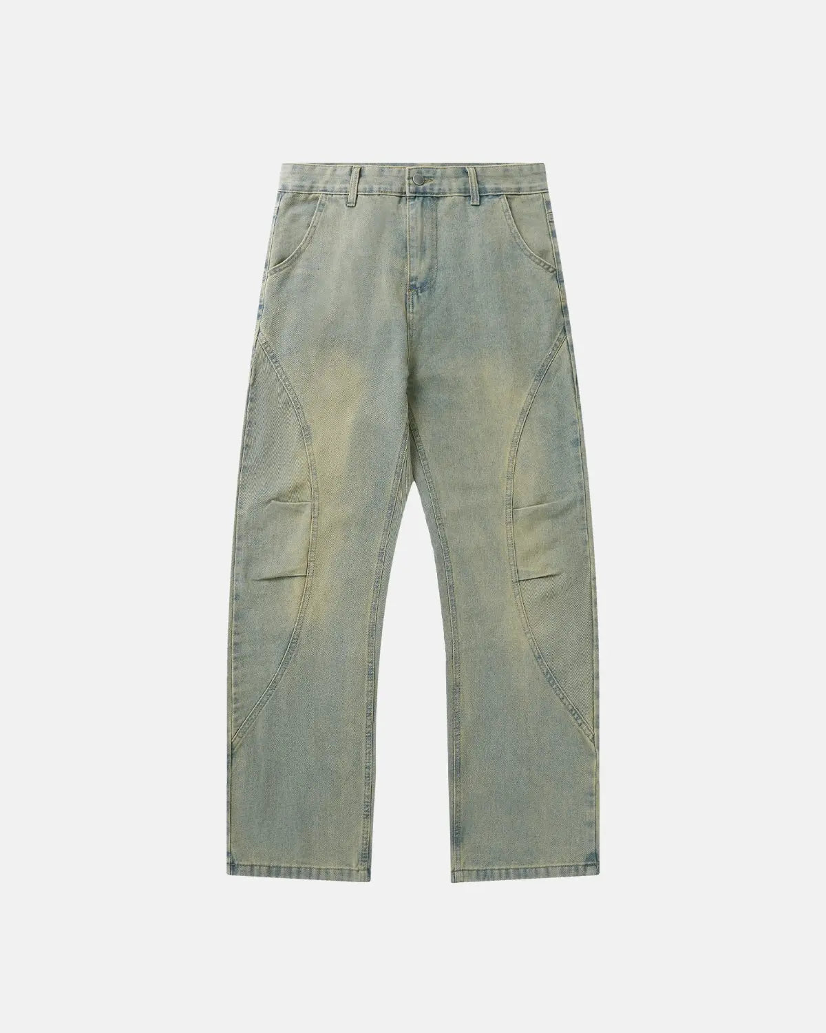 Vintage washed baggy jeans by INFLATION featuring a relaxed fit and distressed denim, styled with rolled cuffs.
