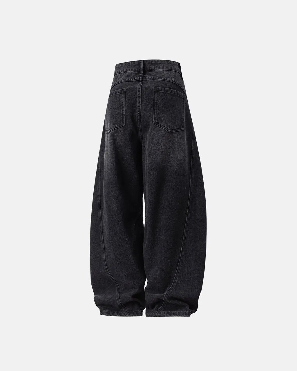 Inflation Streetwear curved seam deconstructed barrel jeans displayed on a hanger, showing distressed denim and unique seam details.