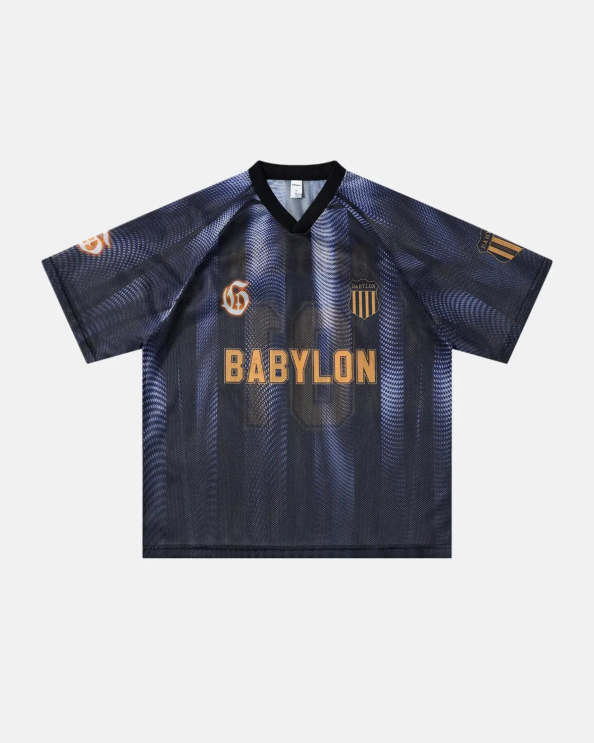 Inflation Gradient Pattern Mesh Jersey T-shirt featuring vibrant colors and breathable mesh fabric, casual streetwear style.