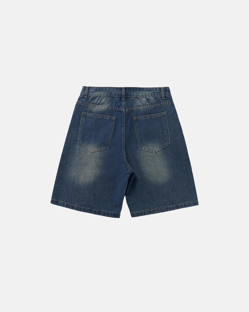 Deconstructed washed denim jorts by INFLATION, casual streetwear pants with frayed edges and distressed details.