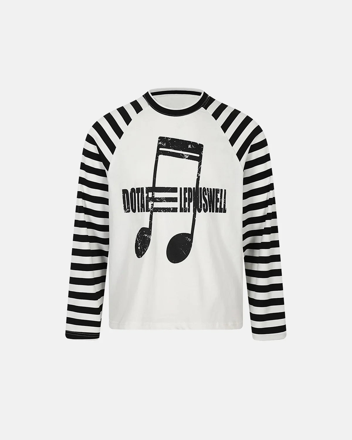 Inflation Streetwear music graphic striped long sleeve t-shirt featuring bold musical notes and colorful stripes on soft fabric