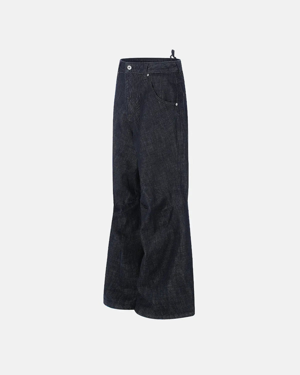 Inflation Streetwear Cinch Back Raw Baggy Jeans with relaxed fit and raw hem, shown on a model in casual urban setting.