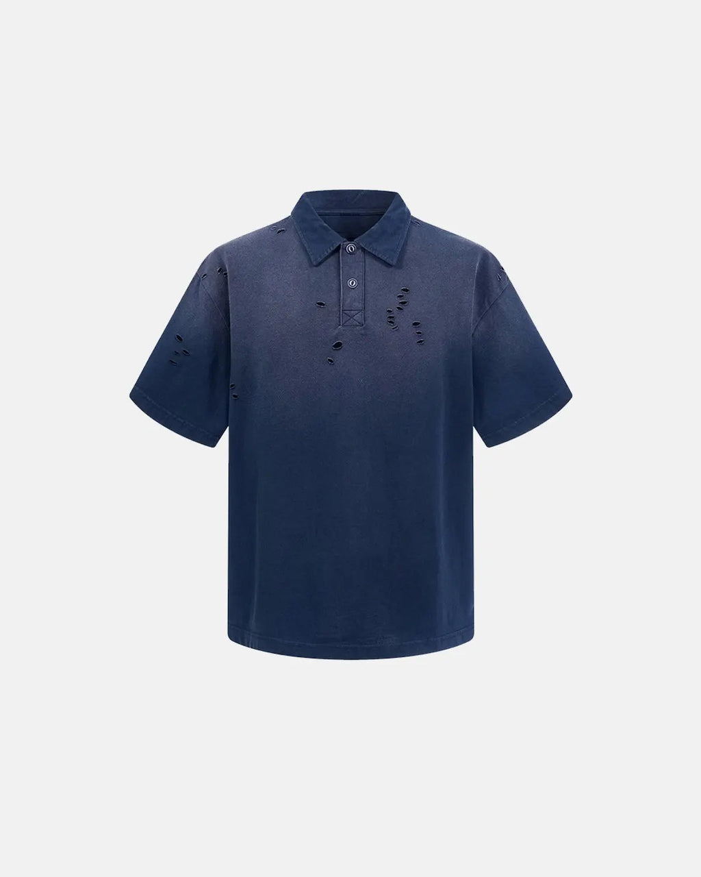 Distressed ripped washed polo shirt by INFLATION with a casual, faded appearance and ripped details, styled for streetwear fashion.