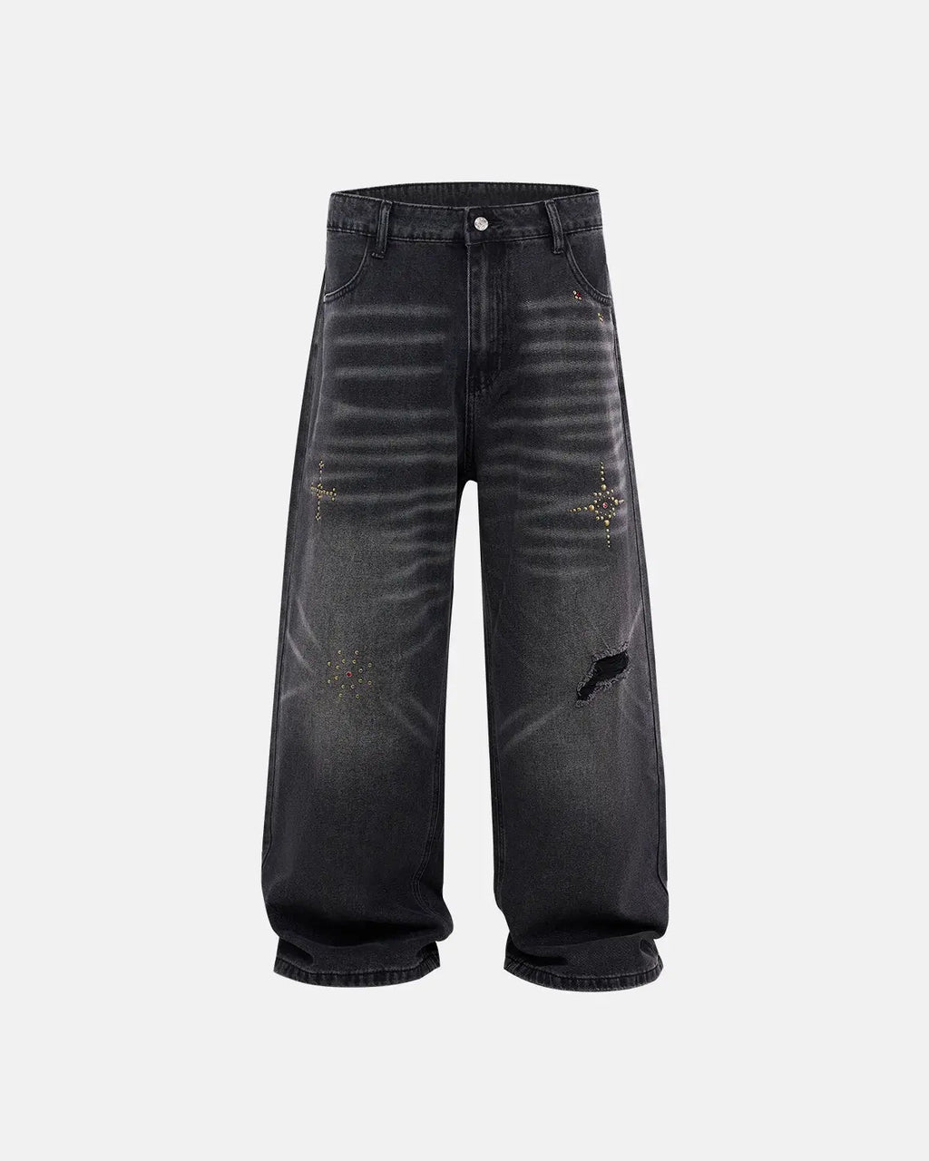 Distressed rhinestone ripped baggy jeans by INFLATION, featuring holes, rhinestones, and a relaxed streetwear style.