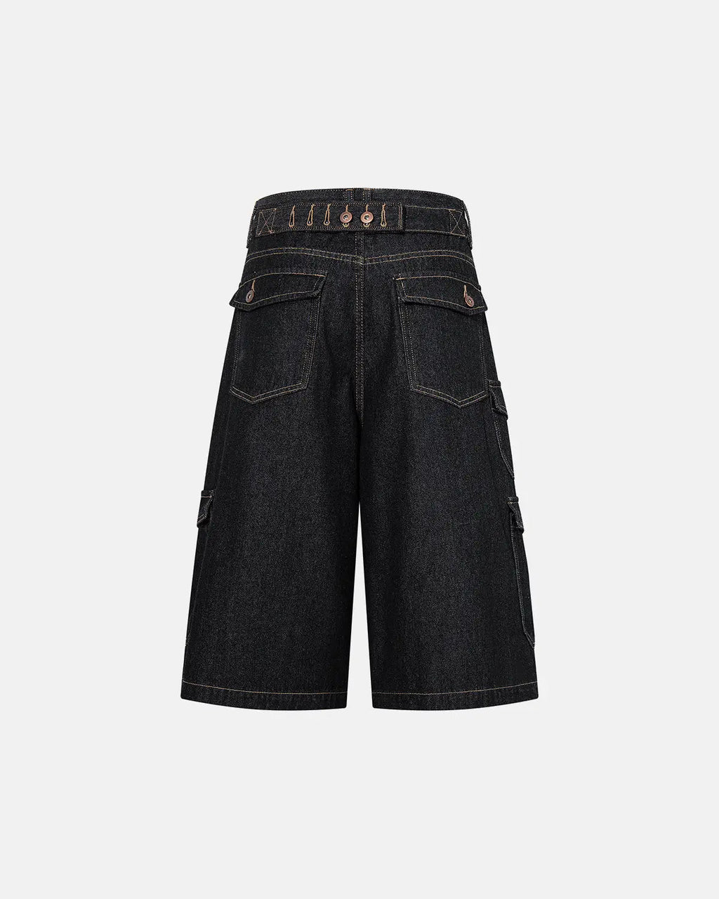Raw denim longline cargo jorts from INFLATION Streetwear with multiple pockets and distressed details, styled as casual streetwear.