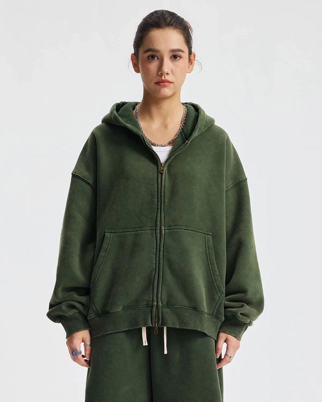 Boxy fit acid washed fleece zip-up hoodie by Flation Streetwear, showing the front view with a hood and full zipper.