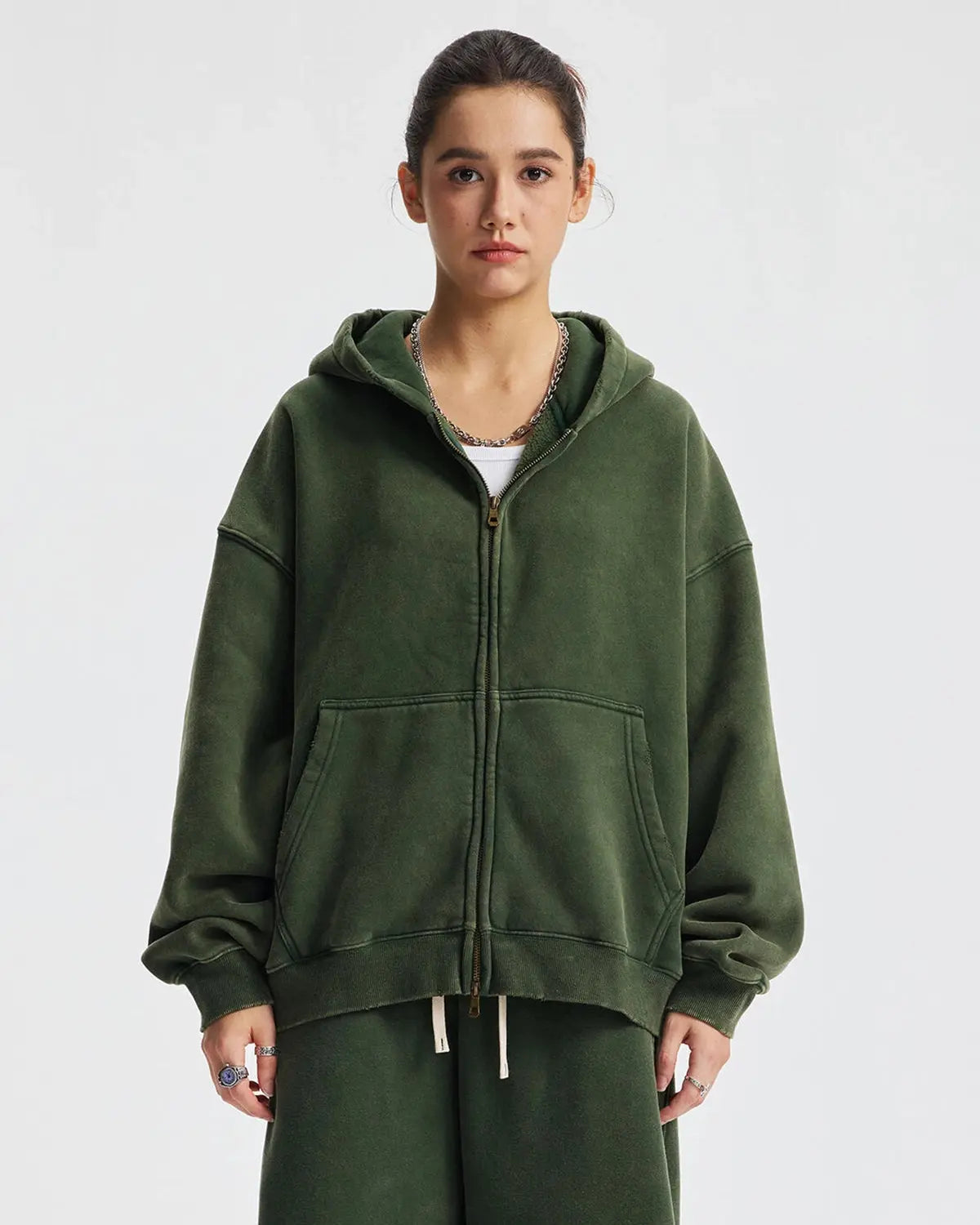Boxy fit acid washed fleece zip-up hoodie by Flation Streetwear, showing the front view with a hood and full zipper.
