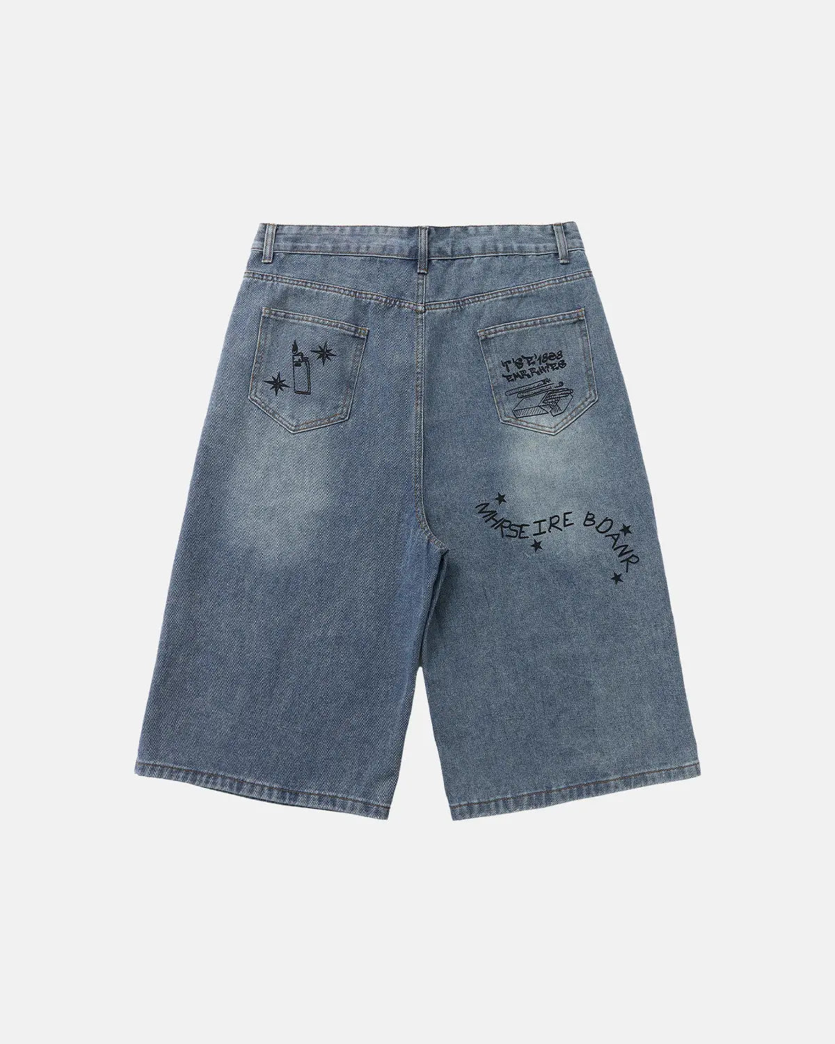 Washed graffiti longline jorts by INFLATION, casual streetwear pants with a faded, artistic graffiti design and extended length.