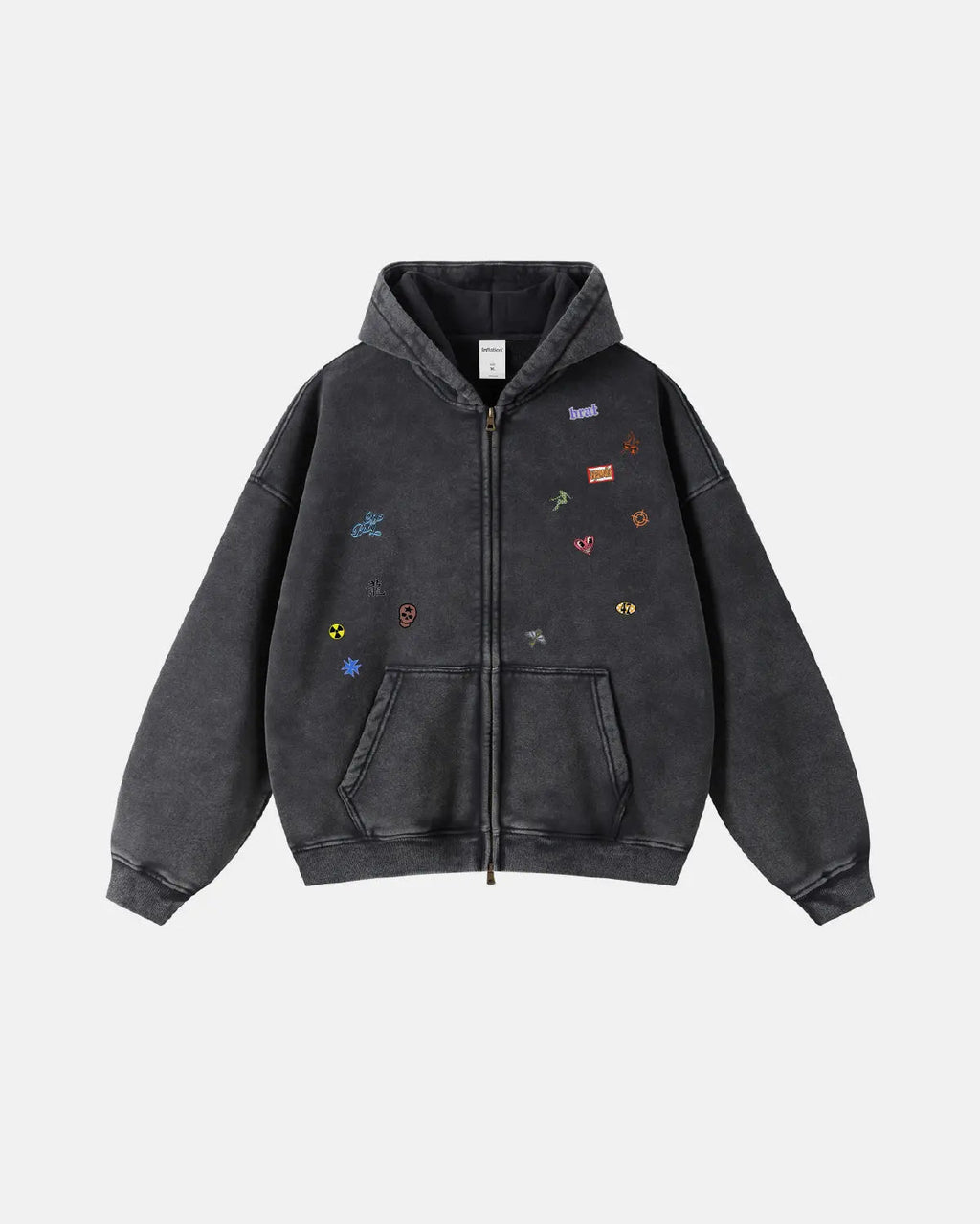 Distressed zip-up hoodie with funny stickers design from INFLATION streetwear, featuring bold graphics and casual style.
