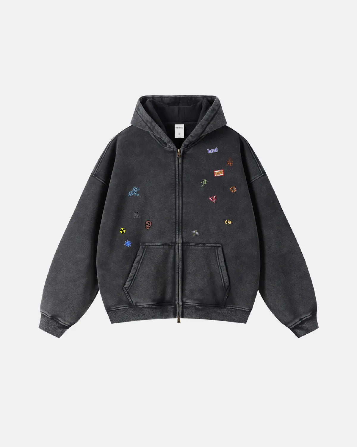Distressed zip-up hoodie with funny stickers design from INFLATION streetwear, featuring bold graphics and casual style.