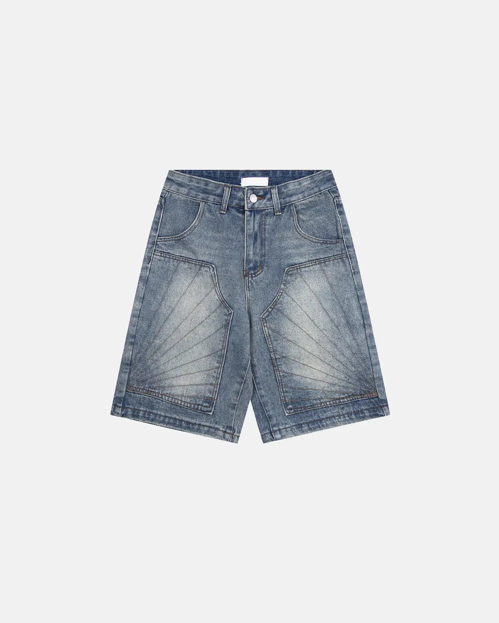 Vintage Flation embroidered washed denim jorts, casual streetwear pants with colorful embroidery and distressed details.