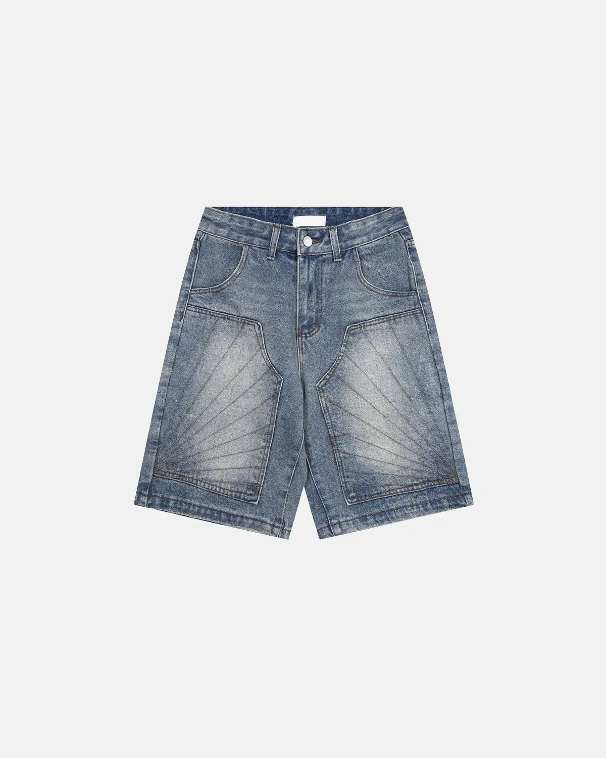 Vintage embroidered washed jorts by INFLATION, casual denim pants with colorful embroidery and distressed wash, front view.