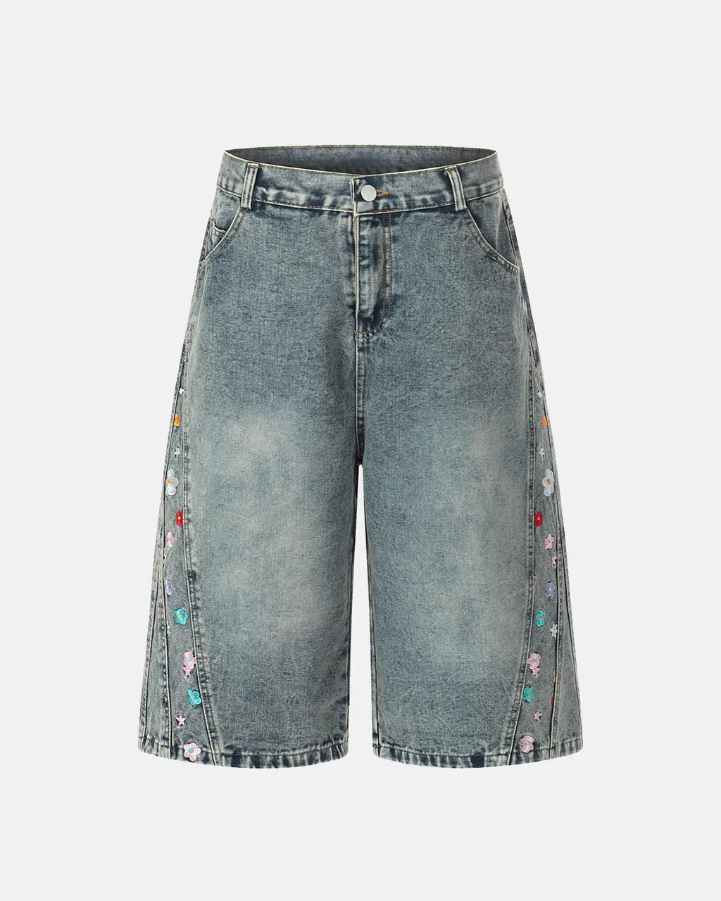 Floral embroidered long baggy jorts by INFLATION, stylish streetwear pants with colorful floral embroidery and relaxed fit.