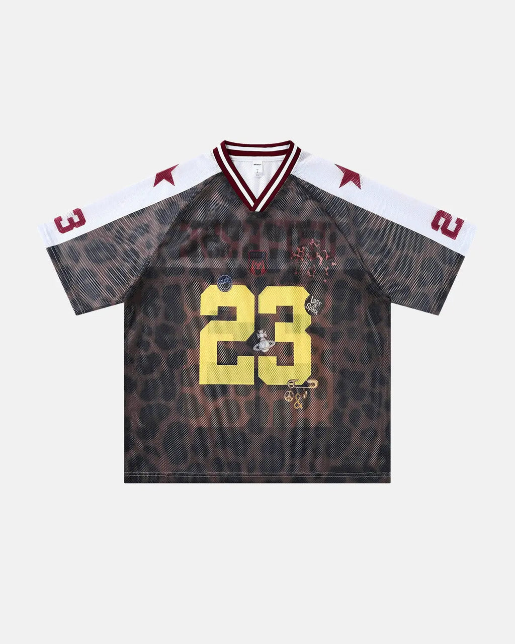 Inflation Number 23 Leopard Mesh Jersey featuring bold leopard print and breathable mesh fabric, stylish streetwear by INFLATION