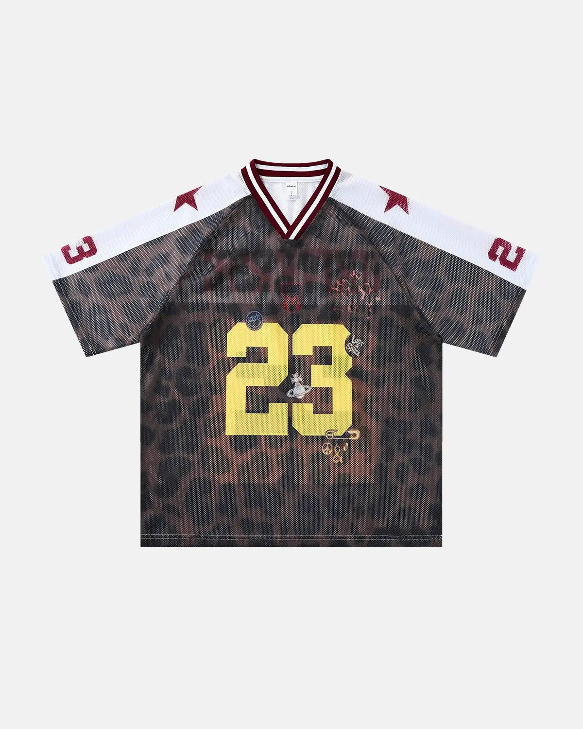 Inflation Number 23 Leopard Mesh Jersey featuring bold leopard print and breathable mesh fabric, stylish streetwear by INFLATION