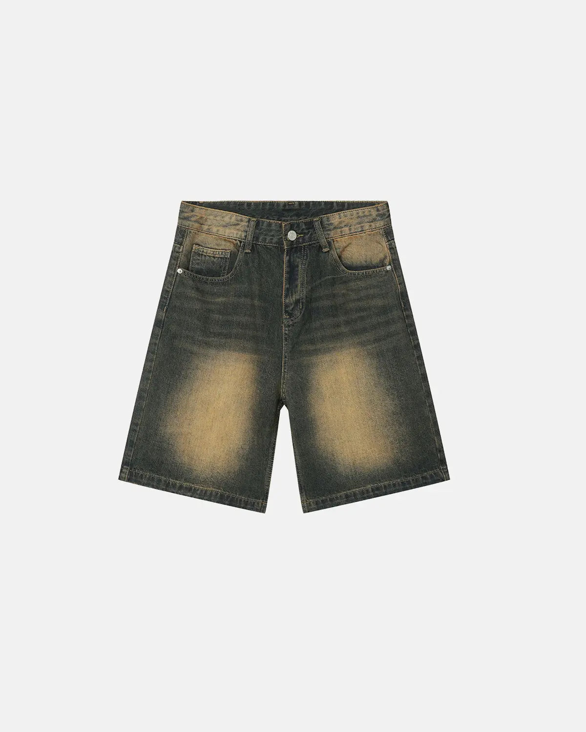 Washed knee-length denim jorts by INFLATION, casual streetwear pants with a relaxed fit and frayed hem, perfect for summer.