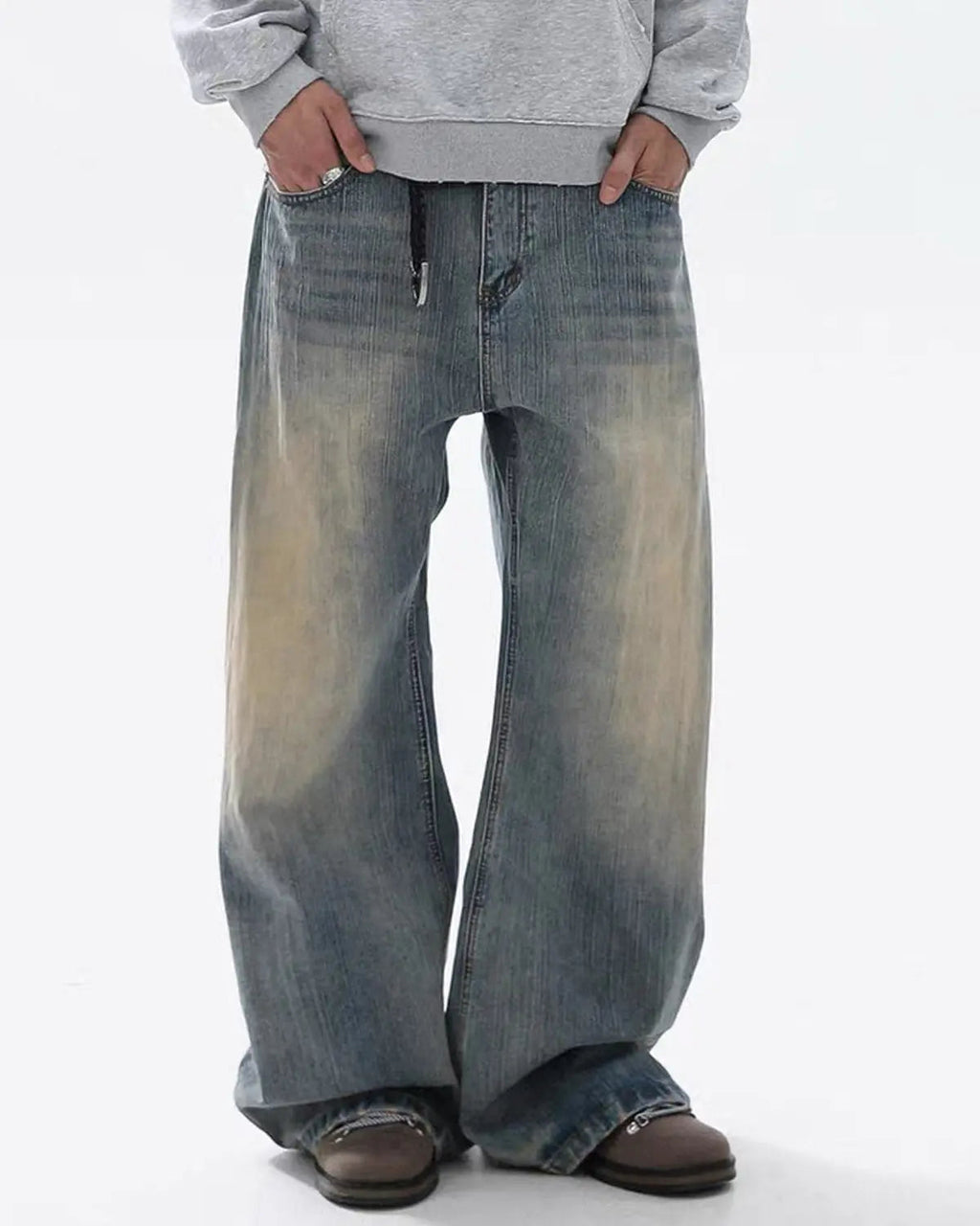 Washed bamboo weave baggy bootcut jeans by Flation Streetwear, showing relaxed fit with woven bamboo texture and casual style.