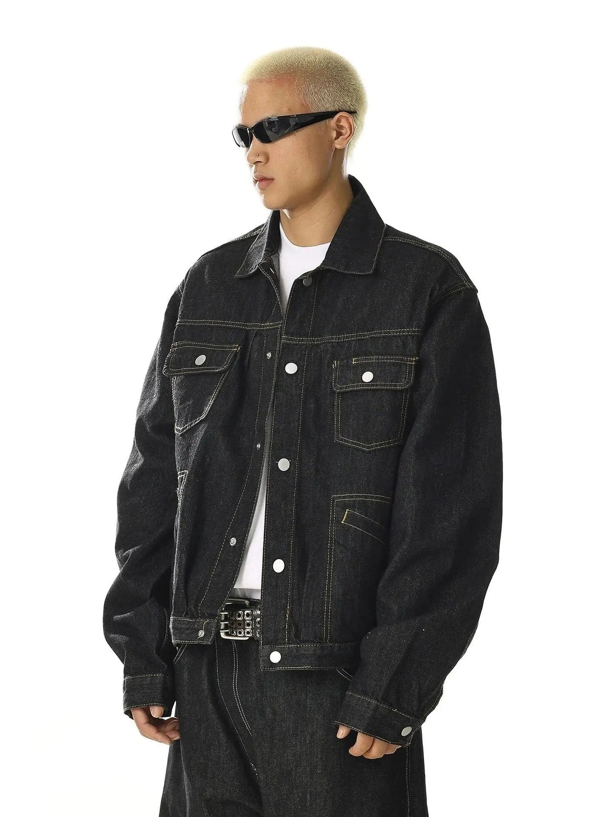 Black multi-pocket denim jacket by INFLATION with stylish streetwear design and functional multiple front pockets.