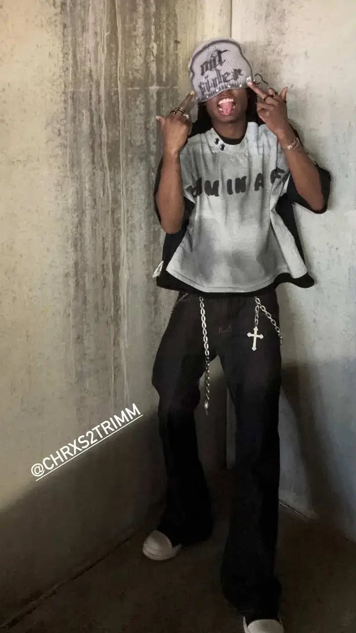 Super Raw Flared Baggy Jeans by Flation, showing high-waisted fit, distressed details, and wide-leg style on a model.