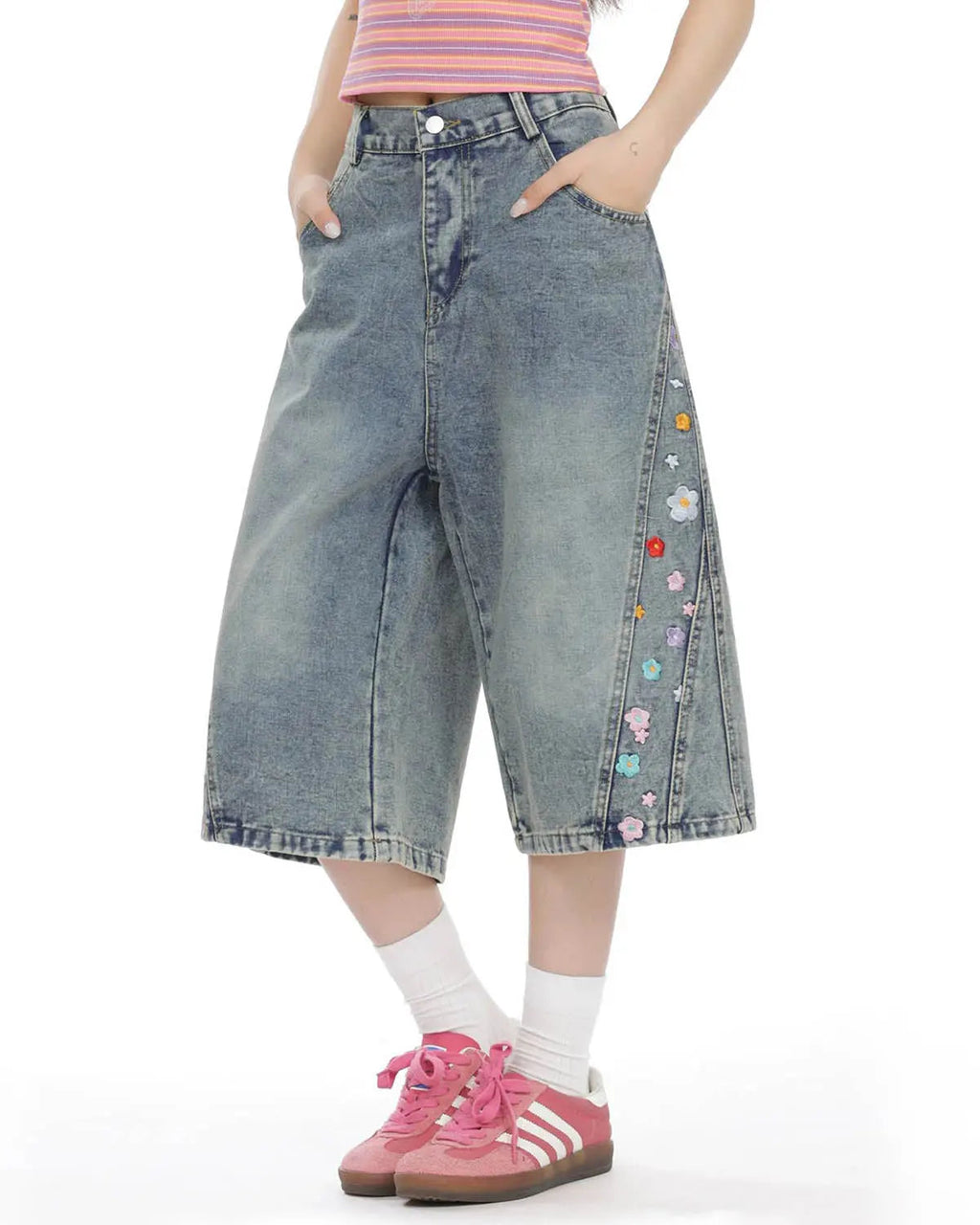 Inflation Floral Embroidered Long Baggy Jorts, stylish pants with vibrant floral embroidery and relaxed fit, designed for streetwear fashion.