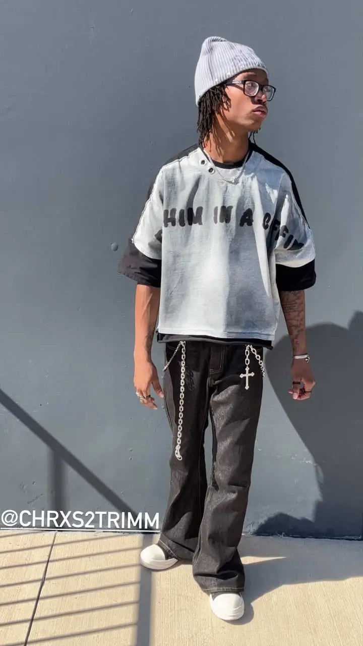 Super Raw Flared Baggy Jeans by Flation, casual streetwear style, featuring a relaxed fit and distressed details.