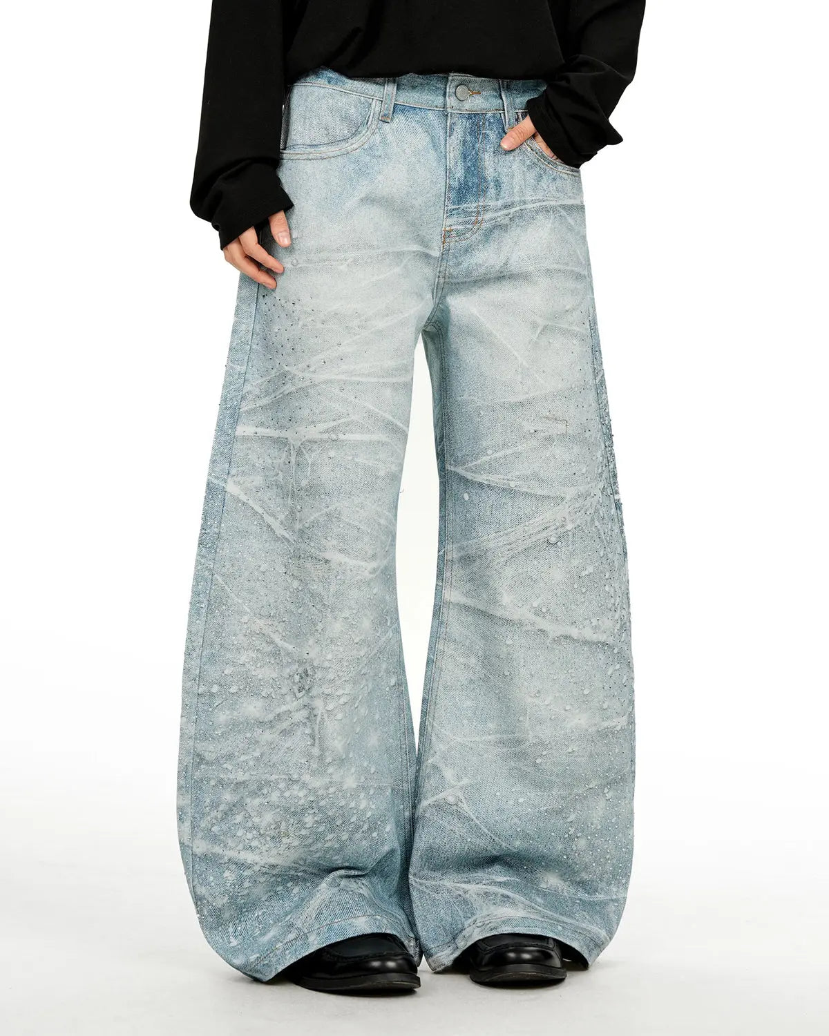 Inflation Rhinestone Lightning Baggy Barrel Jeans featuring rhinestone lightning bolt designs and a loose, streetwear style.