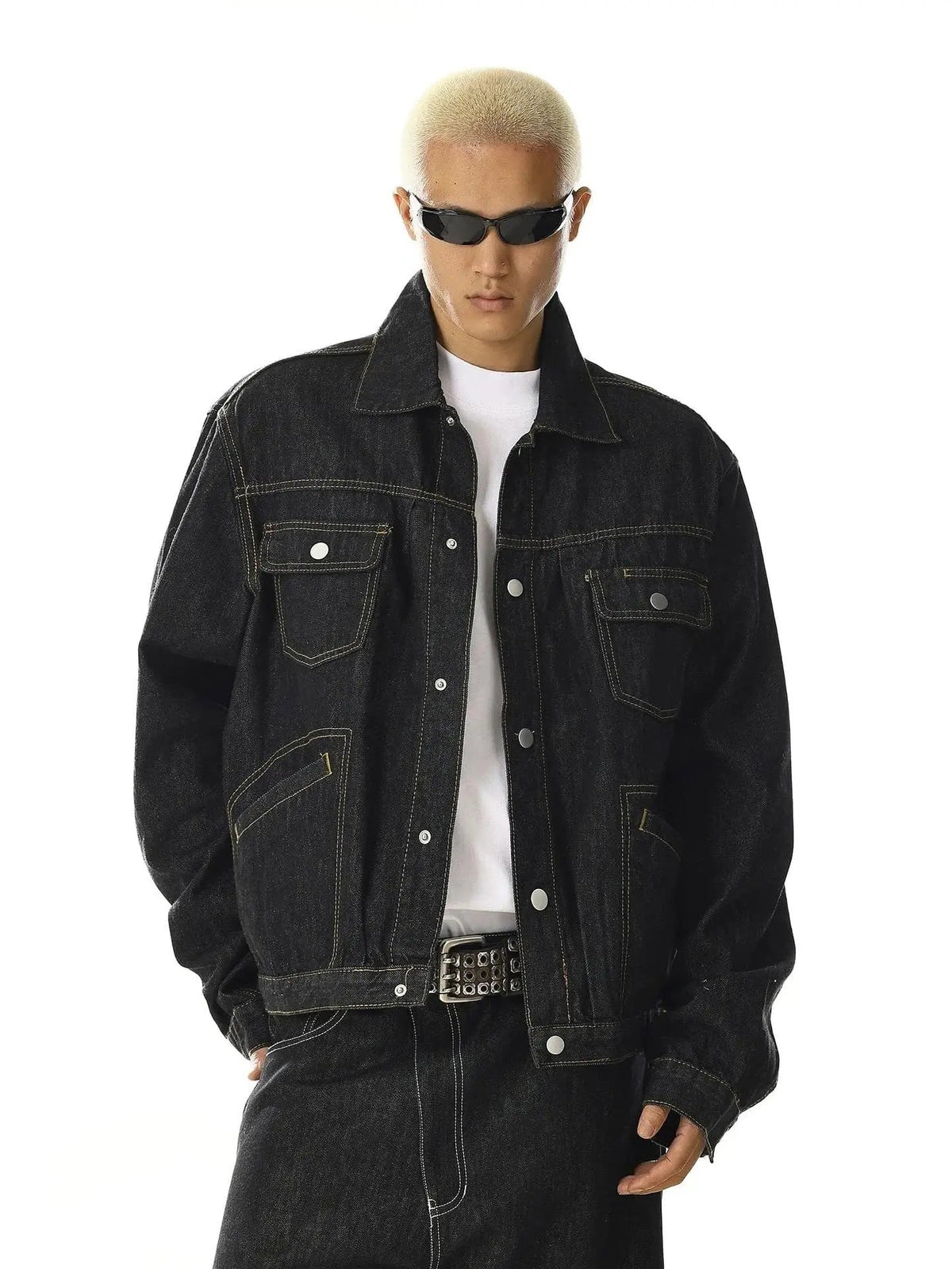 Black denim jacket with multiple pockets from Inflation Streetwear, featuring a casual fit and stylish streetwear design.