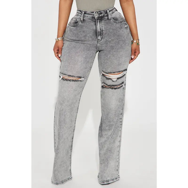 Women's Ripped Stretch Baggy Straight Leg Denim Jeans Grey