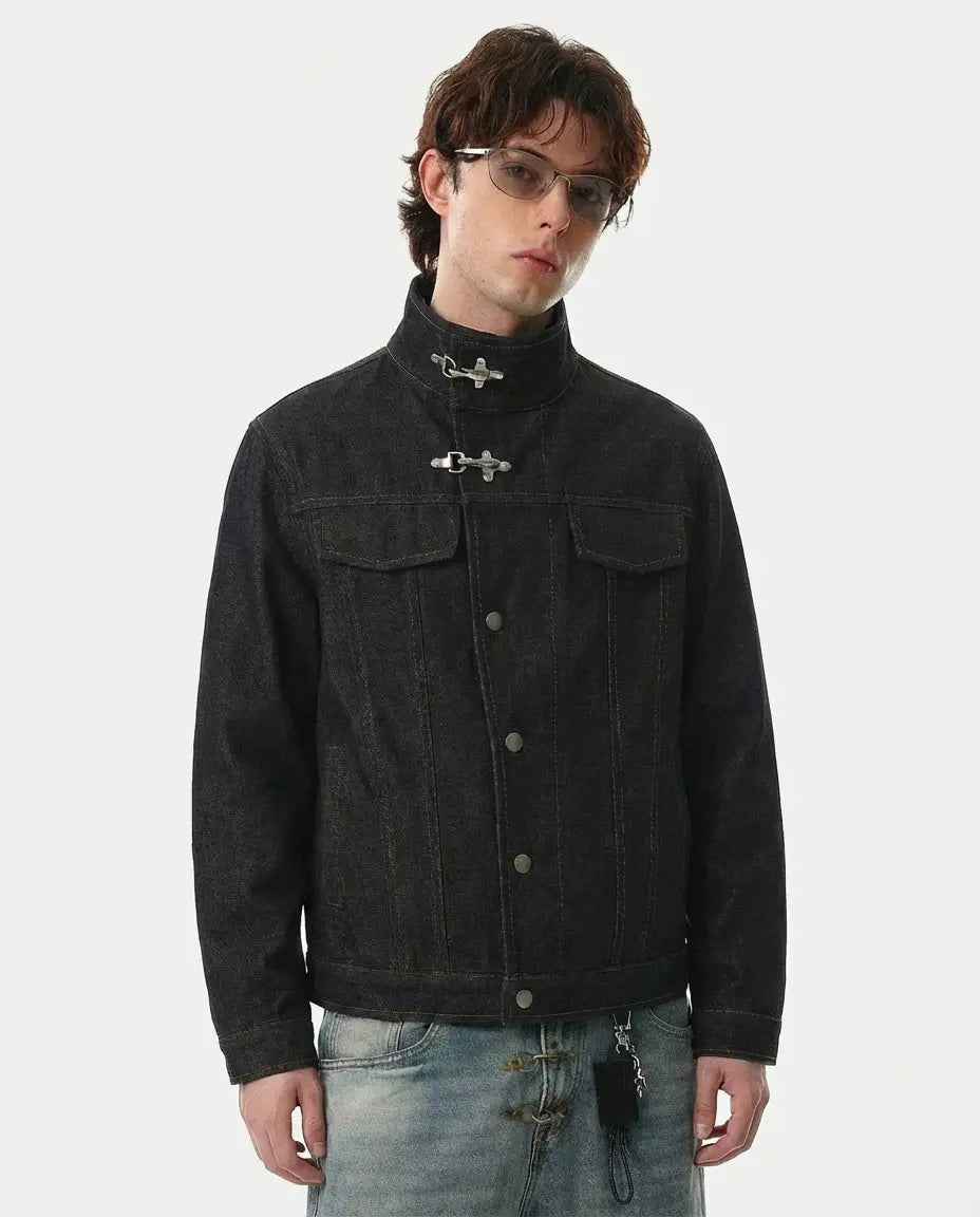 Metal toggle raw denim jacket by Flation featuring classic streetwear style, visible metal toggles, and rugged raw denim fabric.