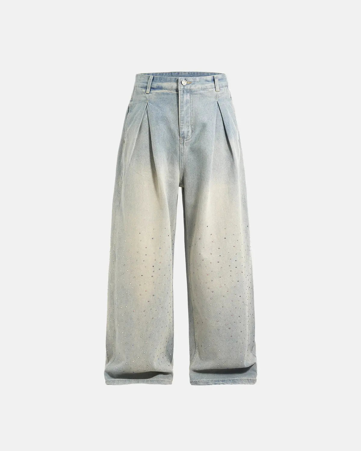 Washed rhinestone baggy jeans by Flation Streetwear, relaxed fit denim pants with rhinestone details, casual streetwear style.