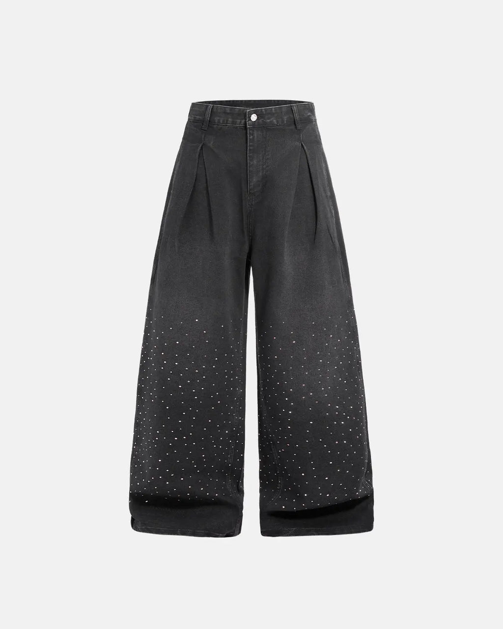 Acid washed rhinestone baggy jeans by Flation Streetwear, featuring a relaxed fit and rhinestone embellishments.
