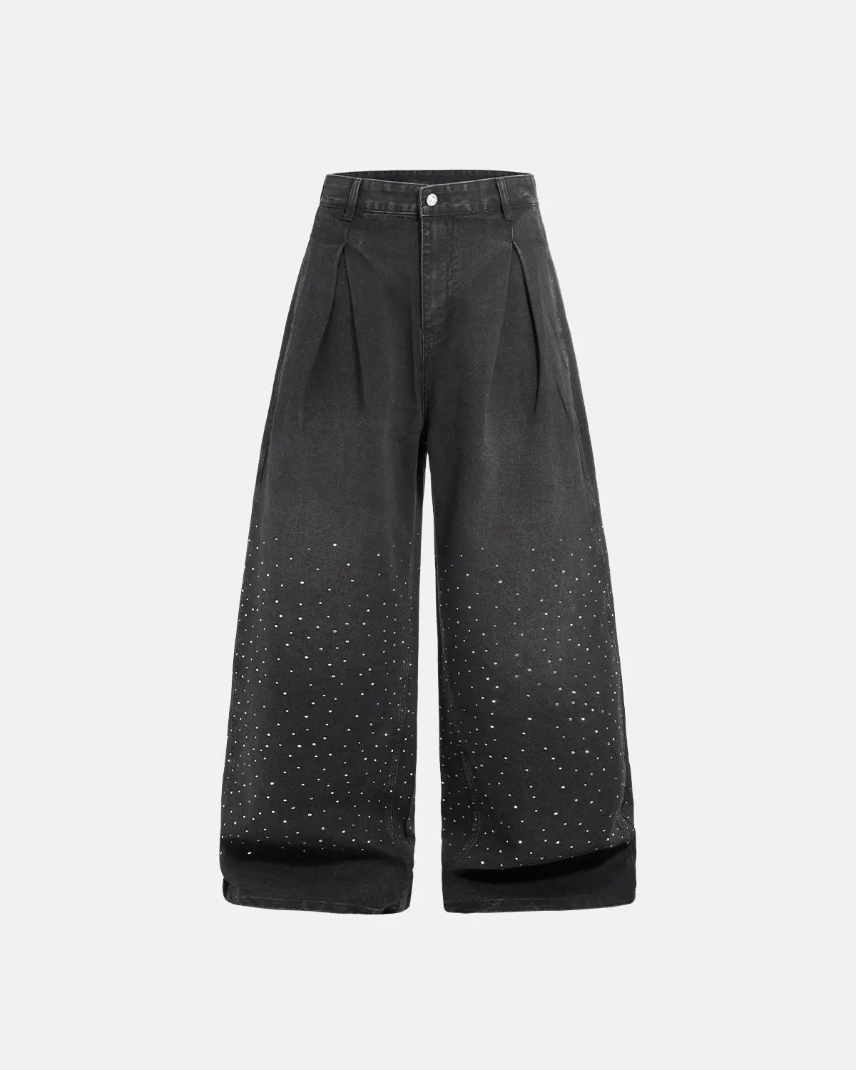 Acid washed rhinestone baggy jeans from INFLATION Streetwear showing distressed details and rhinestone embellishments on the pants.