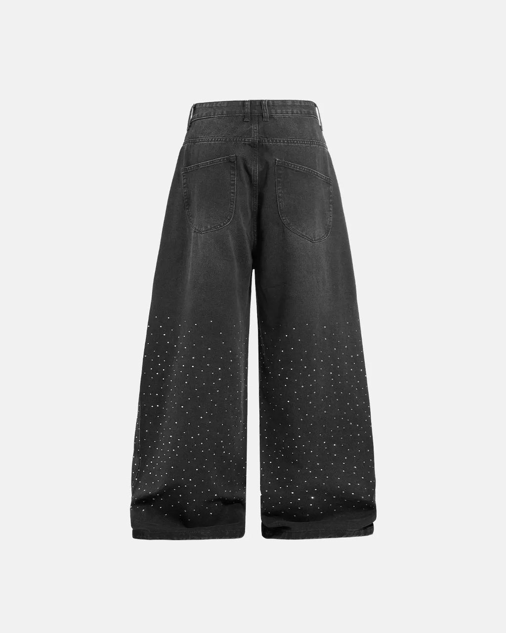 Acid washed rhinestone baggy jeans by Flation, stylish streetwear pants with rhinestone accents and relaxed fit.